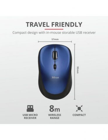 Mouse trust yvi pc sau nb wireless 2.4ghz optic 1600 dpi butoane/scroll 4/1 buton selectare viteza albastru tr-19663 (include tv
