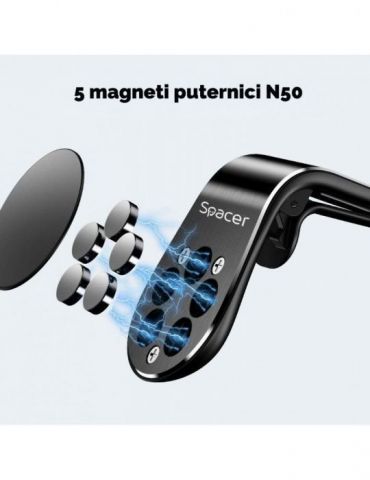 Suport auto spacer pt. smartphone fixare in grilaj bord prindere magnetica telefon 360 grade black spt-mgn Spacer - 1