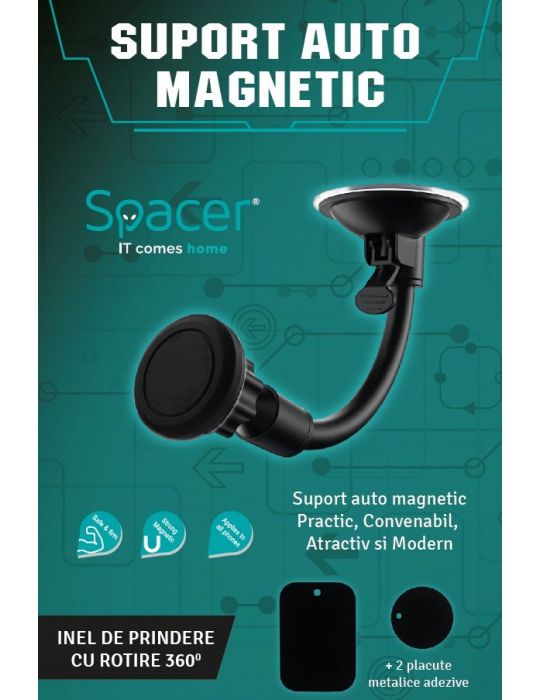 Suport auto spacer pt. smartphone fixare pe bord sau geam cu ventuza magnetic flexibil rotire 360 grade car holder black spt- Sp