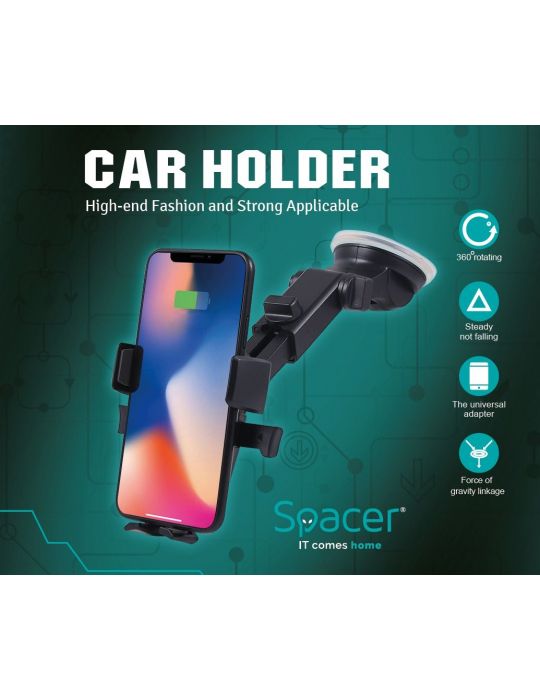 Suport auto spacer pt. smartphone fixare pe bord sau geam cu ventuza brat telescopic sistem auto-lock rotire 360 grade car ho Sp