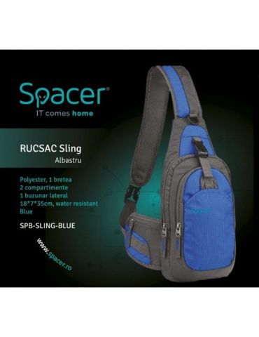 Rucsac spacer sling nylon1 bretea 2 compartimente principale1 buzunar frontal1 buzunar lateral 35x18x7cm water resistant blue Sp - Tik.ro