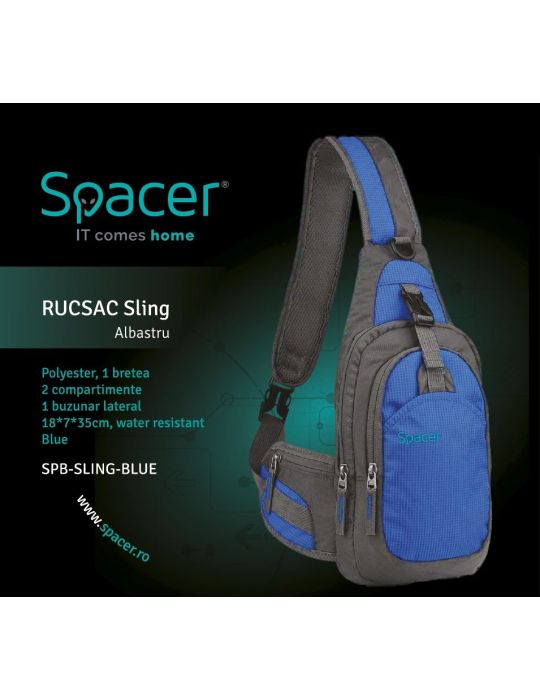 Rucsac spacer sling nylon1 bretea 2 compartimente principale1 buzunar frontal1 buzunar lateral 35x18x7cm water resistant blue Sp