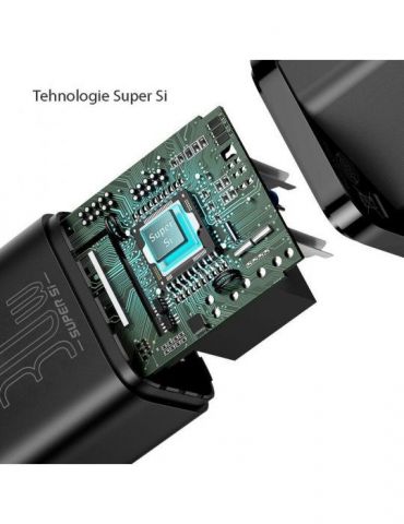 Incarcator retea baseus super si quick charge 30w 1 x usb type-c 5v/3a negru ccsup-j01 (include tv 0.8lei) - 6953156205062 Baseu
