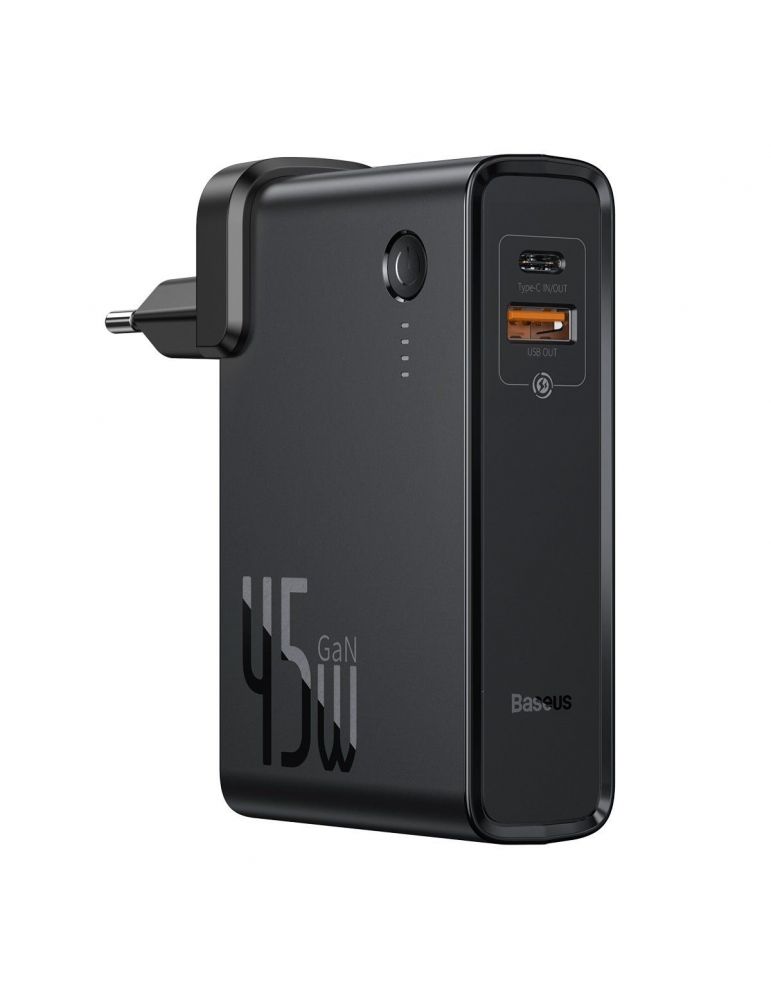 Incarcator retea baseus gan power station 45w 1 x usb type-c 5v/3a max 1 x usb 5v/3a max powerbank integrat de 10000mah inclu