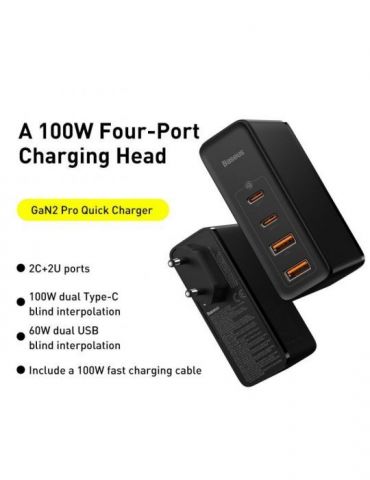Incarcator retea baseus gan2 pro quick charge 3.0 100w 2 x usb type-c 5v/3a max 2 x usb 5v/3a max negru ccgan2p-l01 (include  Ba