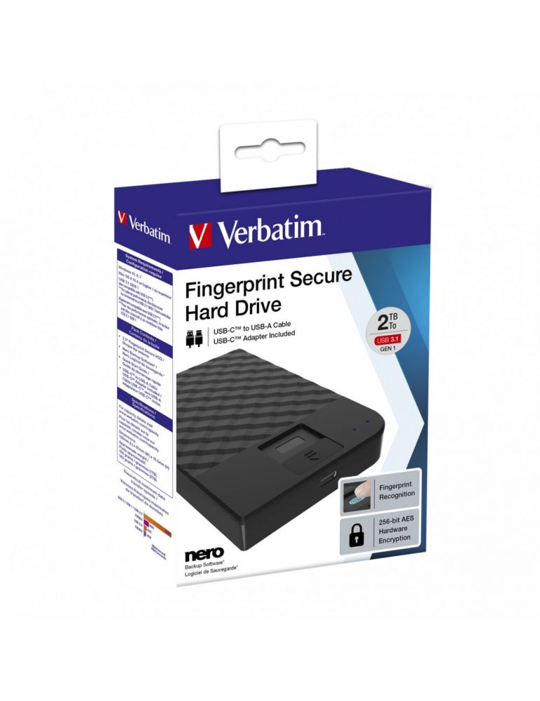 Verbatim Fingerprint Secure hard-disk-uri externe 2000 Giga Bites Negru