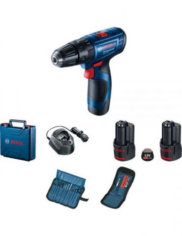 Bosch GSB 120-LI Masina de gaurit cu percutie cu 2 acumulatori Li-Ion 12 V 2Ah 30Nm + Set 23 accesorii burghie si capete cu supo