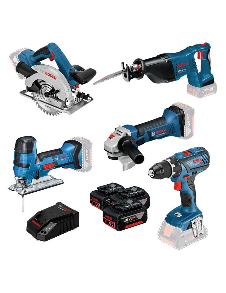 Bosch Set profesional: GSR 18V-28 + GWS 18-125 V-LI + GSA 18 V-LI + GKS 18V-LI + GST 18V-LIS + 3 acumulatori 18V 4.0Ah + GAL 186