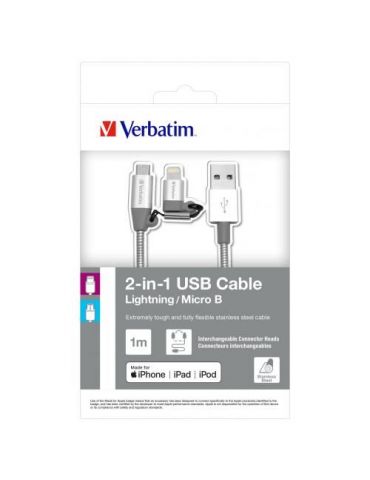 Verbatim 2-in-1 lightning/micro b stainless steel 100 cm slv Verbatim - 1