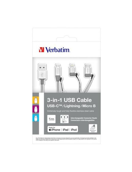 Verbatim 3-in-1 usb-c™ / lightning / micro b cbl 100 slv Verbatim - 1