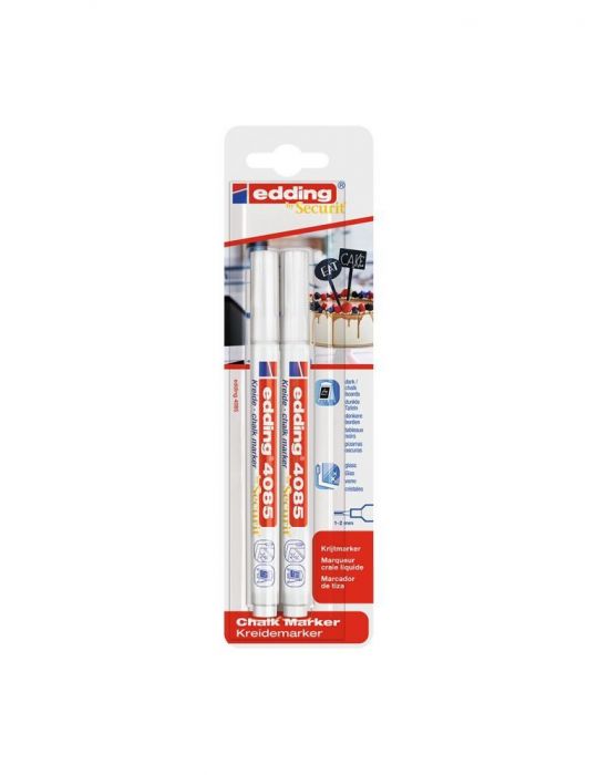 Marker edding 4085 cu creta lichida varf rotund 1-2 mm alb 2 bucati/blister Edding - 1