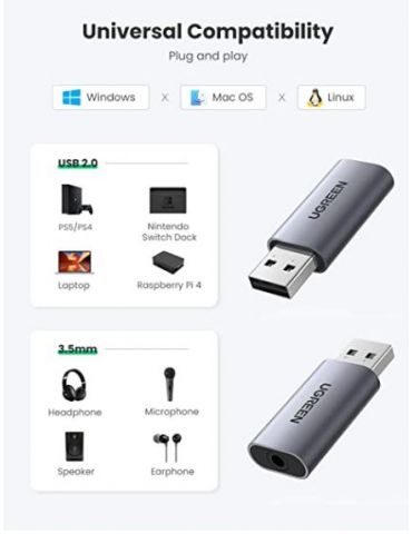 Placa de sunet ugreen cm383 extern interfata usb 2.0 (t) la 3.5 mm jack (m) gri 80864 (include tv 0.06lei) - 6957303888641 Ugree