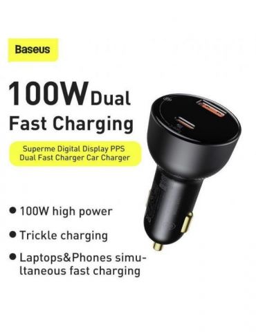 Incarcator auto baseus superme digital display pps quick charge 100w 1 x usb 5v/4.5a si 1 x usb type-c 5v/3a negru cczx-01 (i Ba