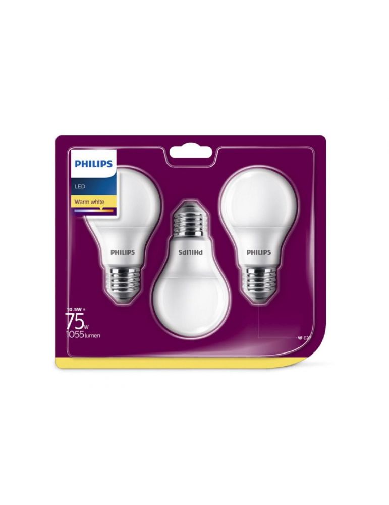 Set 3 becuri led philips soclu e27 putere 10.5w forma clasic lumina alb calda alimentare 220 - 240 v 000008718699616045 (incl