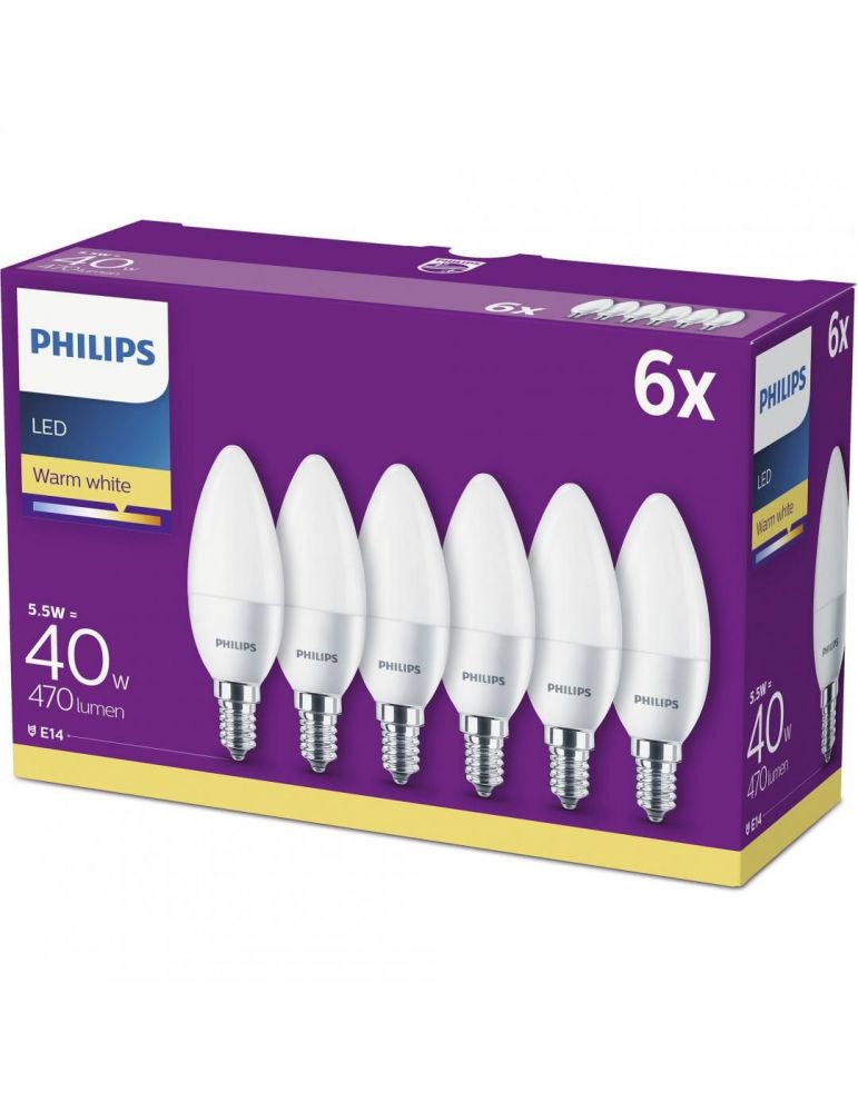 Set 6 becuri led philips soclu e27 putere 5.5w forma lumanare lumina alb calda alimentare 220 - 240 v 000008718696829912 (inc
