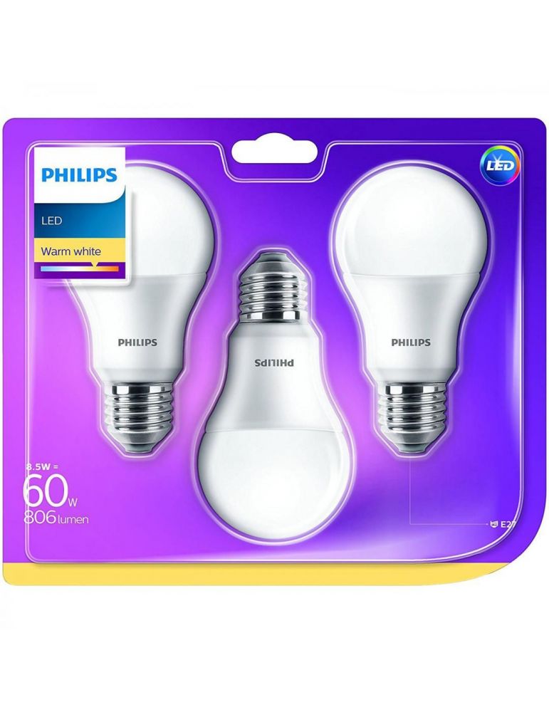 Set 3 becuri led philips soclu e27 putere 9w forma clasic lumina alb calda alimentare 220 - 240 v 000008718696761267 (include