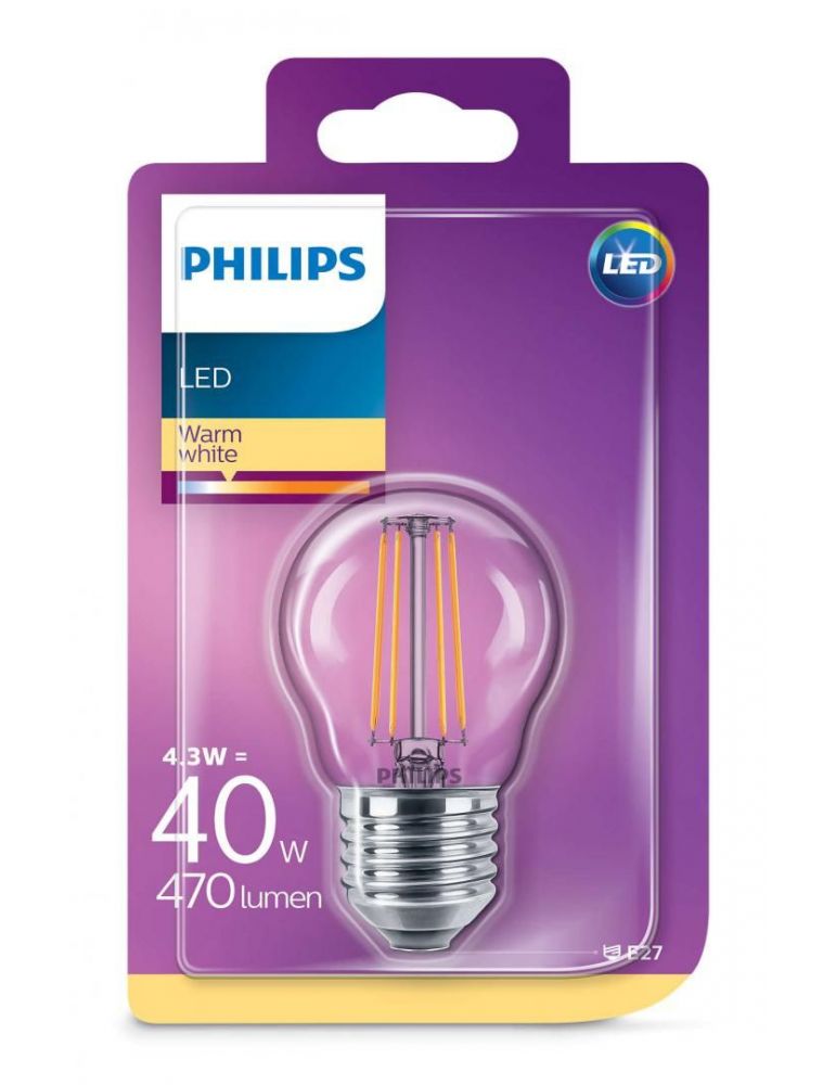 Bec led philips soclu e27 putere 4.3w forma clasic lumina alb calda alimentare 220 - 240 v 000008718696587331 (include tv 0.6
