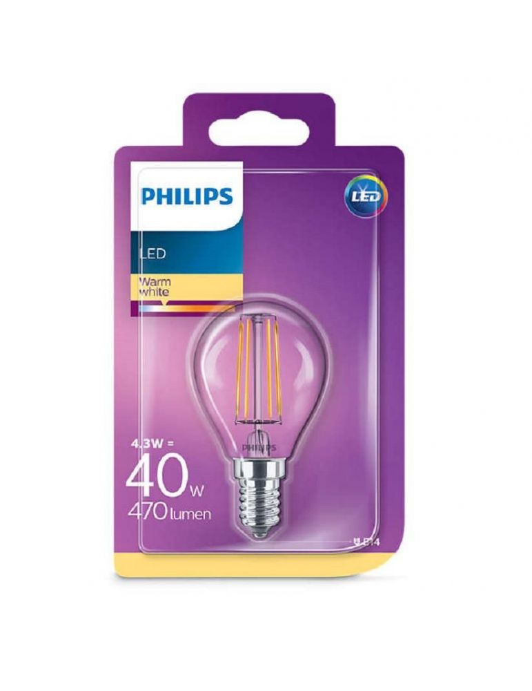 Bec led philips soclu e14 putere 4.3w forma clasic lumina alb calda alimentare 220 - 240 v 000008718696587317 (include tv 0.6