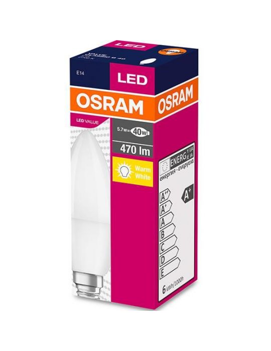 Bec led osram soclu e14 putere 5.7w forma lumanare lumina alb calda alimentare 220 - 240 v 000004052899326453 (include tv 0.6 Os