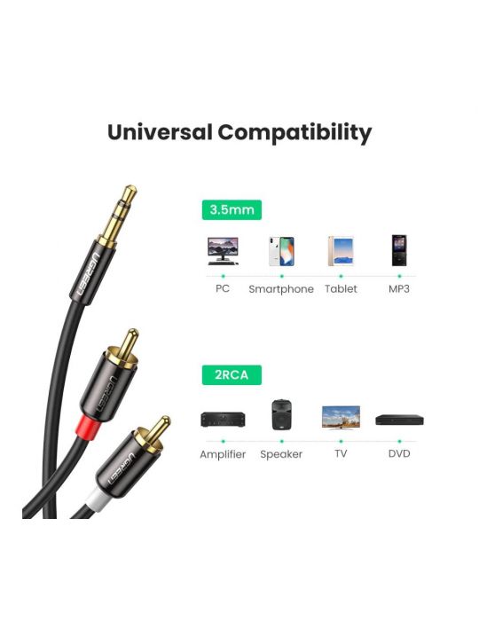 Cablu audio ugreen av116 stereo 3.5 mm jack (t) la 2 x rca (t) 3m conectori auriti negru 10590 (include tv 0.18lei) - 6957303 Ug