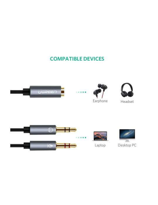 Cablu audio ugreen av140 stereo 2 x 3.5 mm jack (t) la 3.5 mm jack (m) 0.20 m conectori auriti negru 20899 (include tv 0.18le Ug