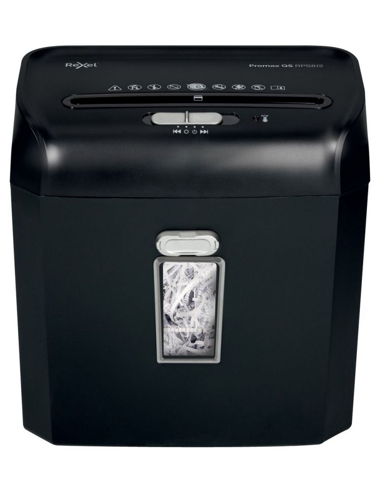 Distrugator manual documente rexel promax qs rps812 8 coli p2 strip-cut (tip fasii) cos 12 litri negru 2104580eu (include