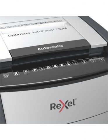 Distrugator automat documente rexel optimum 750m  750 coli p5 micro-cut (tip particule) cos 140 litri negru-gri 2020750meu (i Re