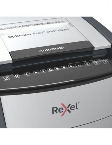 Distrugator automat documente rexel optimum 600m  600 coli p5 micro-cut (tip particule) cos 110 litri negru-gri 2020600meu (i Re