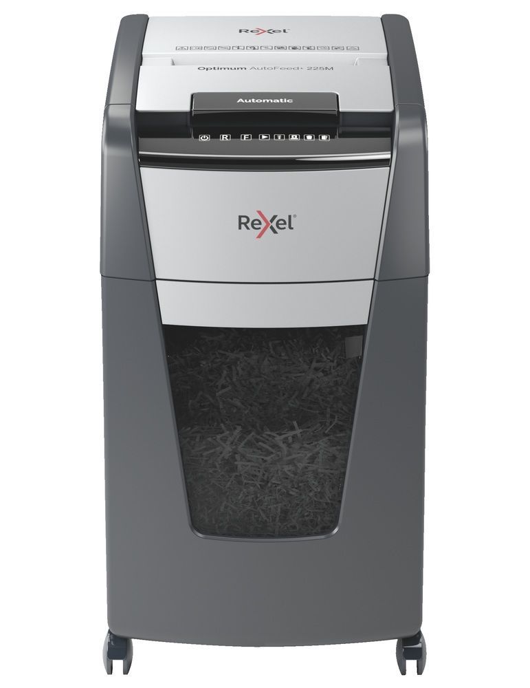 Distrugator automat documente rexel optimum 225m 225 coli p5 micro-cut (tip particule) cos 60 litri negru-gri 2020225meu (i