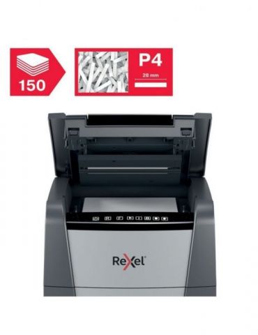 Distrugator automat documente rexel optimum 150x  150 coli p4 cross-cut (tip confeti) cos  44 litri negru-gri 2020150xeu (inc Re