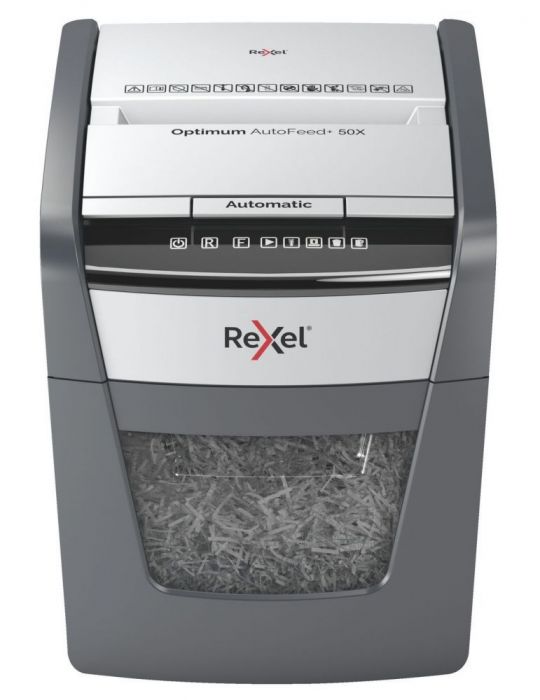 Distrugator automat documente rexel optimum  50x   50 coli p4 cross-cut (tip confeti) cos  20 litri negru-gri 2020050xeu (inc Re