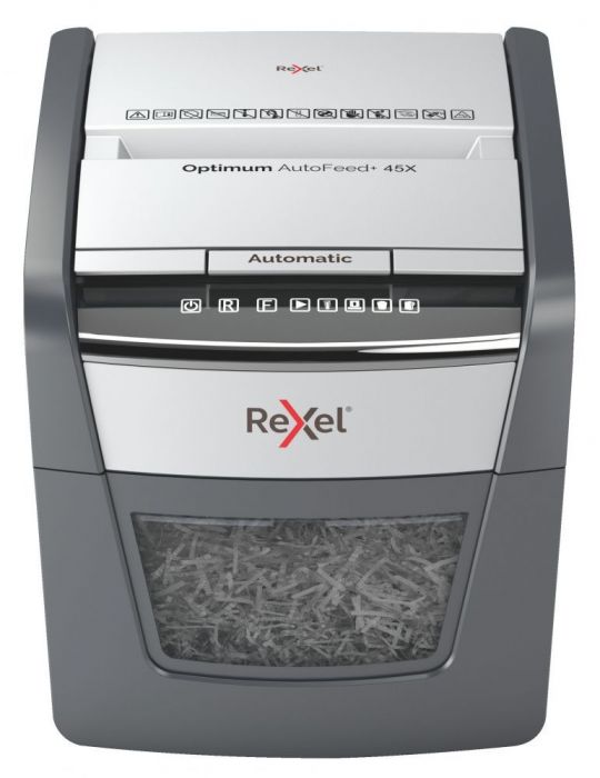 Distrugator automat documente rexel optimum  45x   45 coli p4 cross-cut (tip confeti) cos  20 litri negru-gri 2020045xeu (inc Re