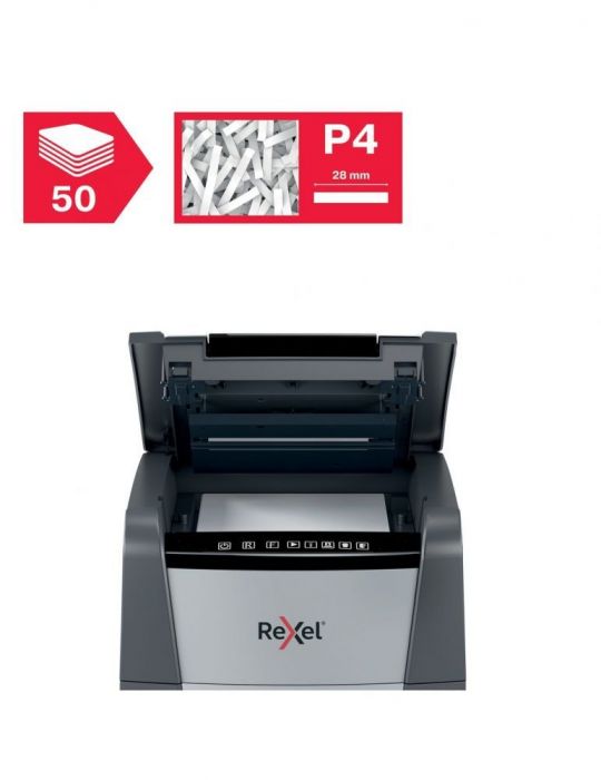 Distrugator automat documente rexel optimum  50x   50 coli p4 cross-cut (tip confeti) cos  20 litri negru-gri 2020050xeu (inc Re