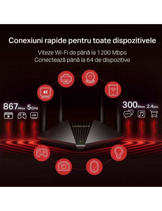 Router mercusys wireless 1200mbps 2 porturi lan gigabit 1 port wan gigabit dual band ac1200 4 x antena externa mr30g (include ti