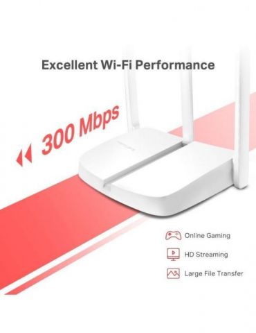 Router mercusys wireless  300mbps 1 x 10/100mbps wan 3 x 10/100mbps lan 3 x antene externe mw306r (include timbru verde 1.5 lei)