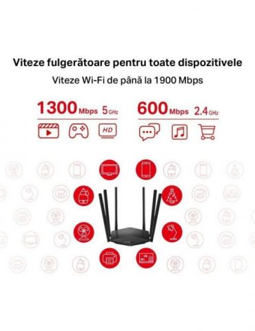 Router mercusys wireless  1900mbps 2 porturi lan gigabit 1 port wan gigabit dual band ac1900 6 x antena externa mr50g (include t