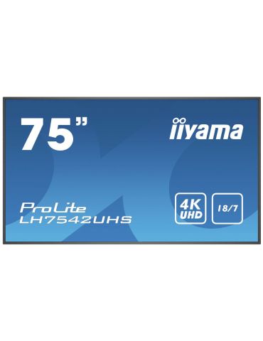 iiyama PROLITE LH7542UHS-B3 Panou informare digital de perete 189,2 cm (74.5") IPS 500 cd/m² 4K Ultra HD Negru Procesor Iiyama - - Tik.ro