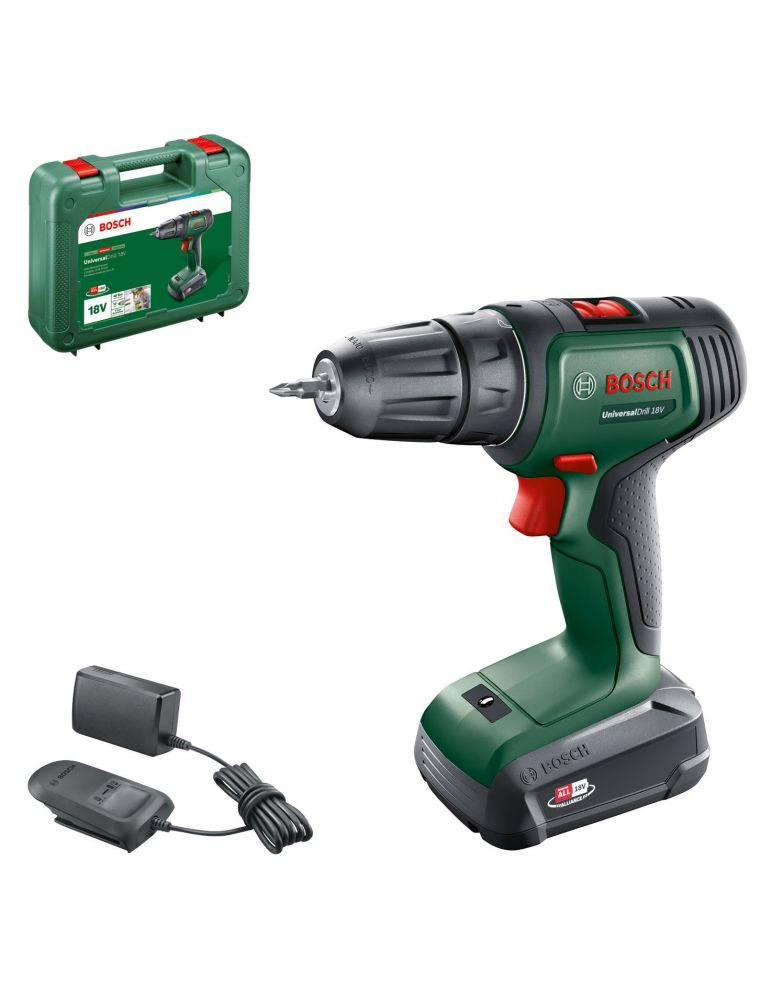 Bosch Universaldrill Masina de gaurit cu acumulator 40Nm + Acumulator PBA 18V 2.5Ah + Incarcator AL 18V-20 + Cap surubelnita
