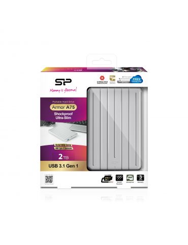 Silicon Power Armor A75 hard-disk-uri externe 2000 Giga Bites Argint