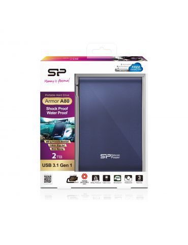 Silicon Power Armor A80 hard-disk-uri externe 2000 Giga Bites Albastru