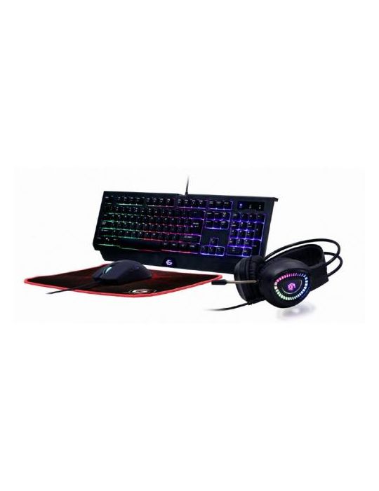 Kit Gembird 4-1 Phantom -Tastatura, USB, RGB LED, Black + Mouse Optic, + Casti cu microfon, Black + Mouse Pad Gembird - 1