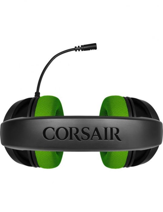 Casti corsair hs35 cu fir gaming utilizare multimedia smartphone microfon pe brat conectare prin jack 3.5 mm negru / verde ca-90