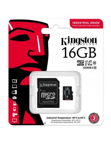Memory Card microSDHC Kingston Industrial 16GB, Class 10, UHS-I U3, V30, A1 + Adaptor SD Kingston - 1 - Tik.ro