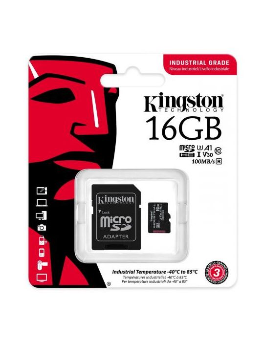 Memory Card microSDHC Kingston Industrial 16GB, Class 10, UHS-I U3, V30, A1 + Adaptor SD Kingston - 1