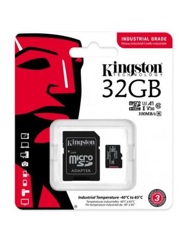 Memory Card microSDHC Kingston Industrial 32GB, Class 10, UHS-I U3, V30, A1 + Adaptor SD Kingston - 1 - Tik.ro