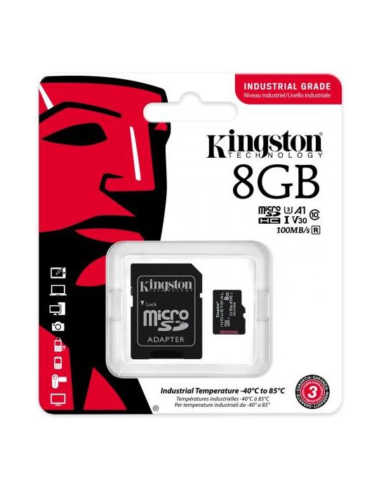 Memory Card microSDHC Kingston Industrial 8GB, Class 10, UHS-I U3, V30, A1 + Adaptor SD Kingston - 1