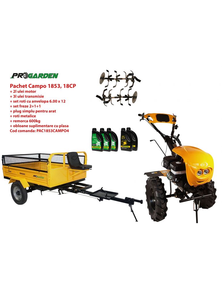 Pachet motocultor Campo 1853 benzina EURO5 18CP 2+1 trepte remorca 600kg ulei motor si transmisie incluse