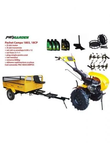 Pachet motocultor Campo 1803 benzina EURO5 18CP 2+1 trepte remorca 600kg accesorii ulei motor si transmisie incluse Progarden -  - Tik.ro