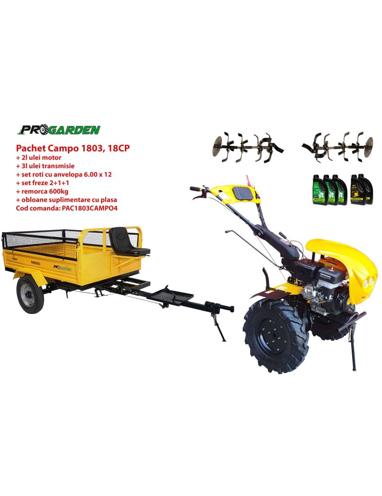 Pachet motocultor Campo 1803 benzina EURO5 18CP 2+1 trepte remorca 600kg ulei motor si transmisie incluse