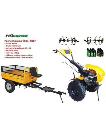 Pachet motocultor Campo 1803 benzina EURO5 18CP 2+1 trepte remorca 500kg ulei motor si transmisie incluse Progarden - 1 - Tik.ro